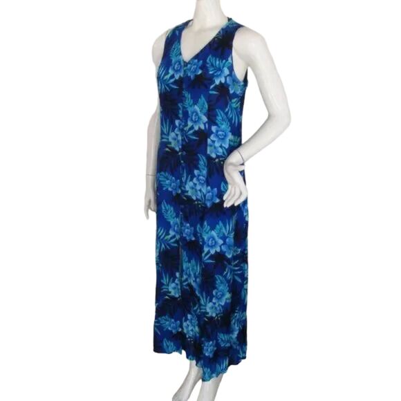 Vintage DAWN JOY Maxi Dress, 7/8, Blue Floral, Crossed back, Buttons, Sleeveless - Picture 4 of 12